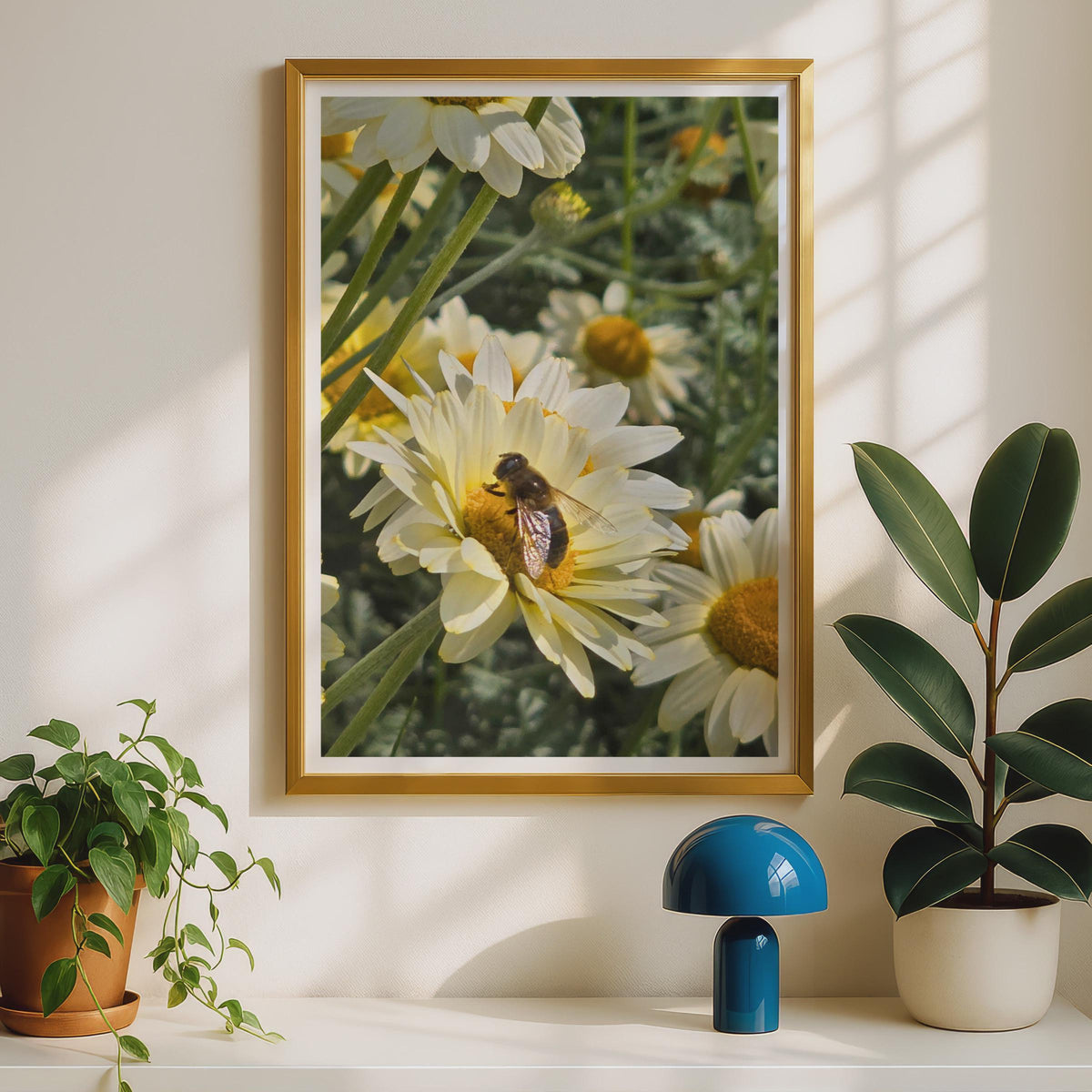 Bee on Daisy Flower Photo Poster, White Daisy Print, Nature Wildlife Wall Art, Garden Insect Photography, Yellow Green Botanical Decor