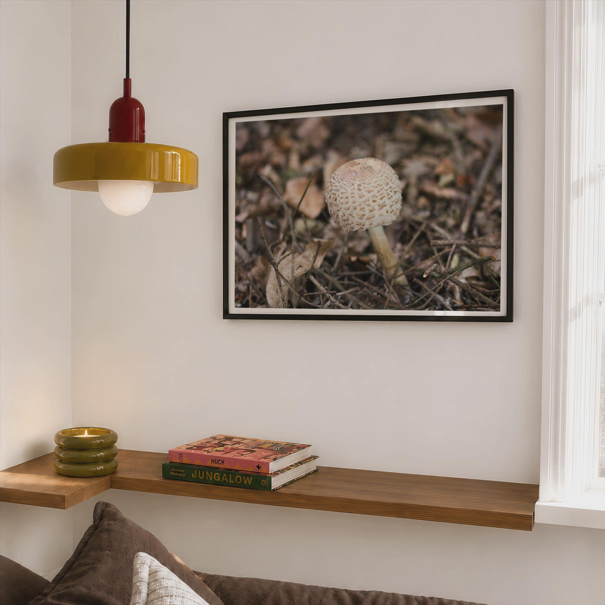 Parasol Mushroom Fungi Poster mockup - Corner Bedroom Mockup - Landscape