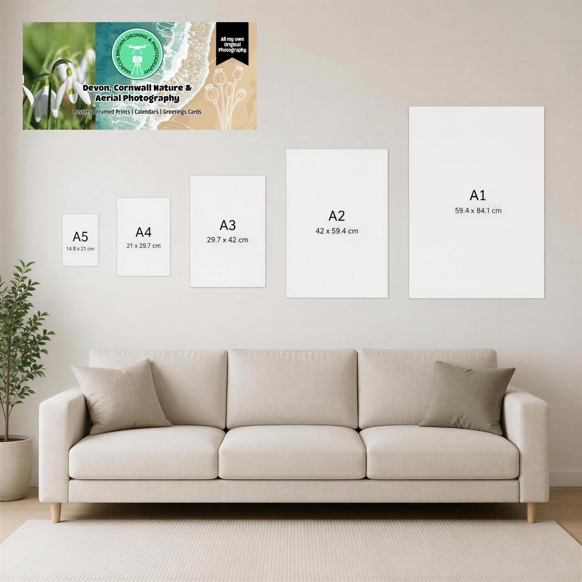 a beige sofa with a green throw pillow, and there are four framed prints of different sizes displayed on the wall above it.