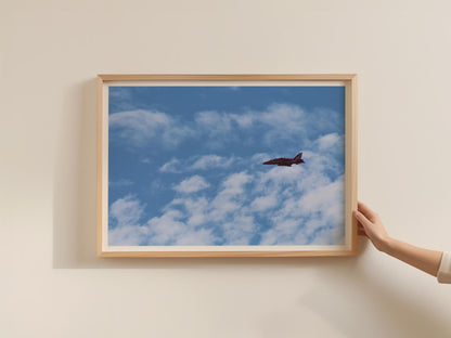 Red Arrows RAF Jet Poster, British Air Show Framed-Print, Blue Sky Aviation Wall Art, Hawk Aircraft Photography Print