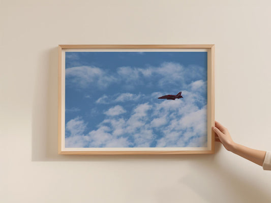 Red Arrows RAF Jet Poster, British Air Show Framed-Print, Blue Sky Aviation Wall Art, Hawk Aircraft Photography Print
