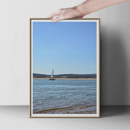Sailboat Coastal Photography Print, Blue Sky Seascape Wall Art, Sailing Boat Poster, Nautical Home Decor, Beach Estuary Landscape Photo