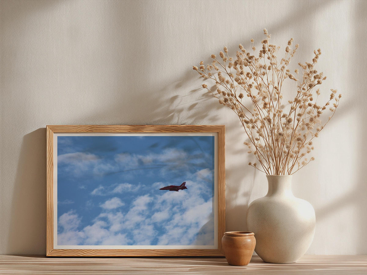 Red Arrows RAF Jet Poster, British Air Show Framed-Print, Blue Sky Aviation Wall Art, Hawk Aircraft Photography Print
