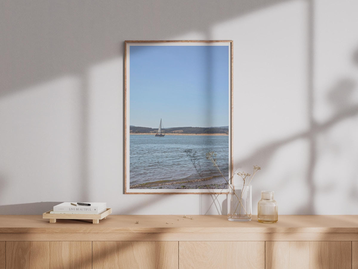 Sailboat Coastal Photography Print, Blue Sky Seascape Wall Art, Sailing Boat Poster, Nautical Home Decor, Beach Estuary Landscape Photo
