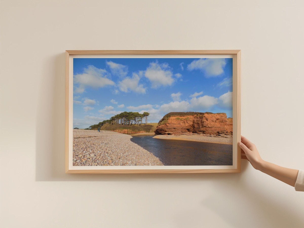 Devon Red Sandstone Cliffs Coastal Poster, Budleigh Salterton Beach Framed-Print, British Seaside Wall Art, Pebble Beach Blue Sky Print