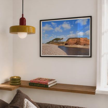 Devon Red Sandstone Cliffs Coastal Poster, Budleigh Salterton Beach Framed-Print, British Seaside Wall Art, Pebble Beach Blue Sky Print