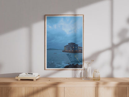 Stormy Coastal Twilight Photography Print, Moody Blue Seaside Poster, British Harbour Wall Art, Dramatic Dusk Seascape, Coastal Home Decor