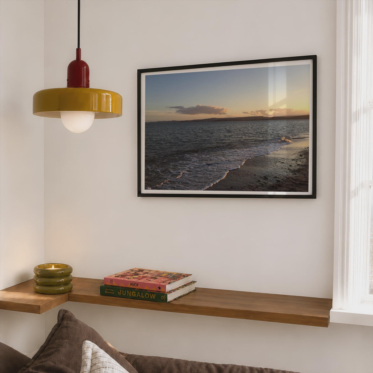 Coastal Sunset Seascape Poster mockup - Corner Bedroom Mockup - Landscape