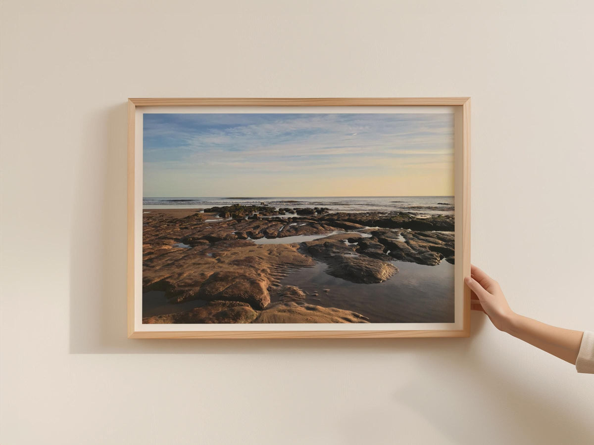 Rocky Shore Coastal Poster, Seaside Rock Pool Framed-Print, Dawn Seascape Wall Art, Beach Sunrise Photography, Ocean Horizon Home Decor