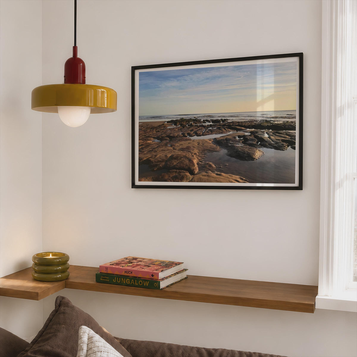 Rocky Shore Coastal Poster, Seaside Rock Pool Framed-Print, Dawn Seascape Wall Art, Beach Sunrise Photography, Ocean Horizon Home Decor