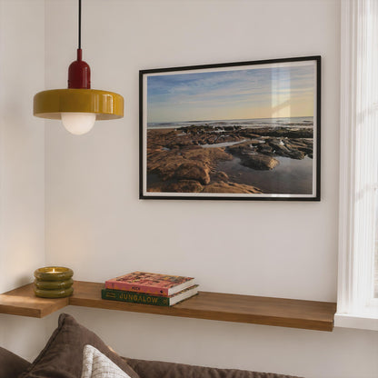 Rocky Shore Coastal Poster, Seaside Rock Pool Framed-Print, Dawn Seascape Wall Art, Beach Sunrise Photography, Ocean Horizon Home Decor