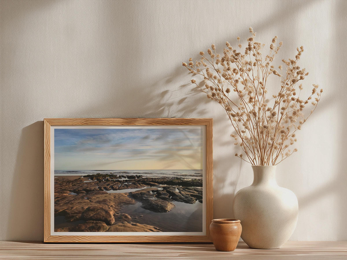 Rocky Shore Coastal Poster, Seaside Rock Pool Framed-Print, Dawn Seascape Wall Art, Beach Sunrise Photography, Ocean Horizon Home Decor