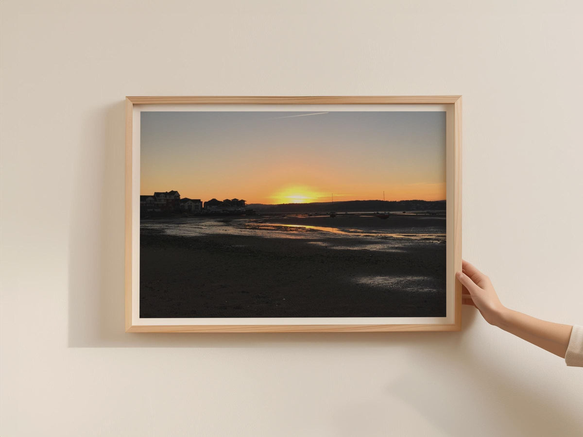 Estuary Sunset Landscape Poster, Coastal Dawn Dusk Framed-Print, Golden Sky Tidal Mudflat Wall Art, Seaside Harbour Silhouette Print