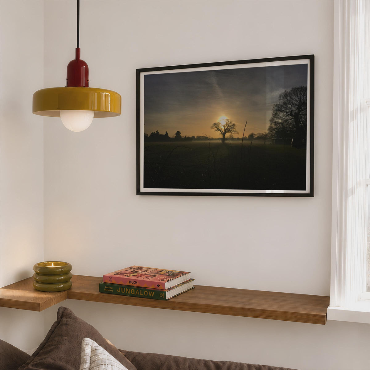 Misty Sunrise Landscape Poster mockup - Corner Bedroom Mockup - Landscape