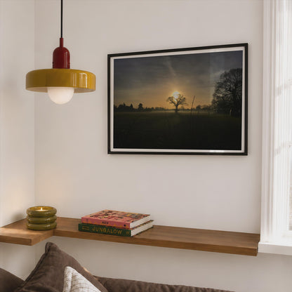 Misty Sunrise Landscape Poster mockup - Corner Bedroom Mockup - Landscape