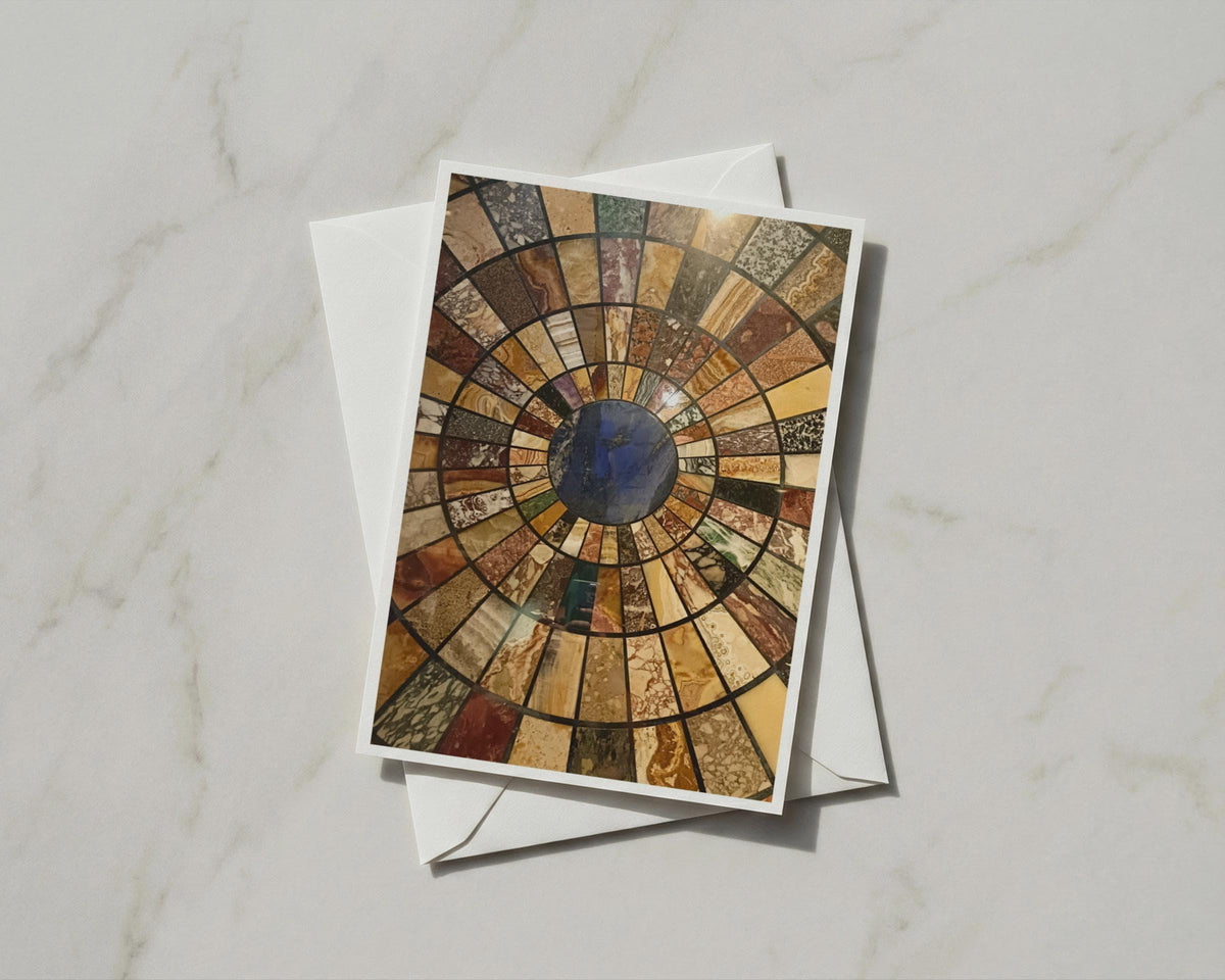Marble Mosaic Circle Card, Colourful Stone Inlay Design, Grand Interior Architecture