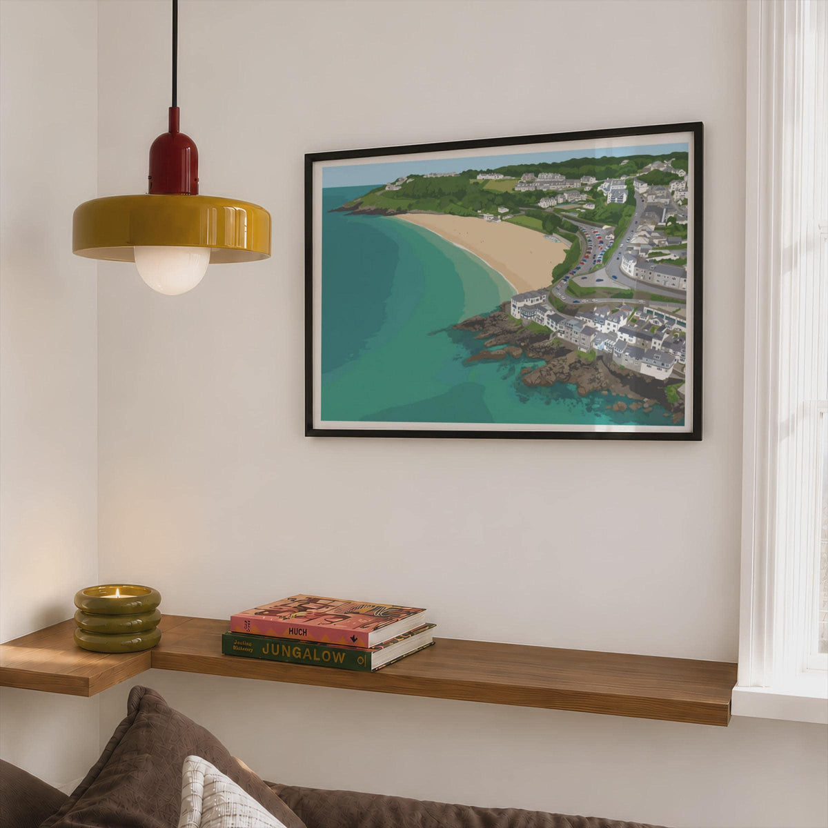 St Ives Cornwall Beach Aerial View Poster, Coastal Wall Art, Framed-Print, Porthminster Bay Illustration, Seaside Home Decor Gift