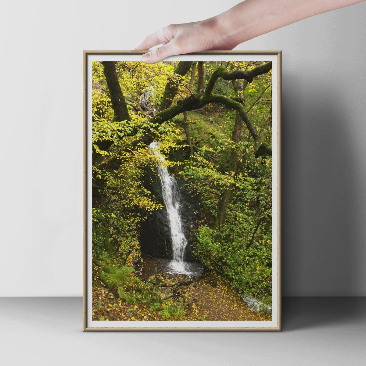 Autumn Woodland Waterfall Poster, Forest Nature Photography Print, Green Yellow Trees Wall Art, Countryside Home Decor, British Nature Print