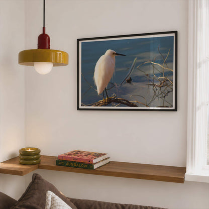 Little Egret Poster, White Heron Bird Wall Art, Wildlife Photography Print, Waterside Nature Framed-Print, Blue Water Bird Decor