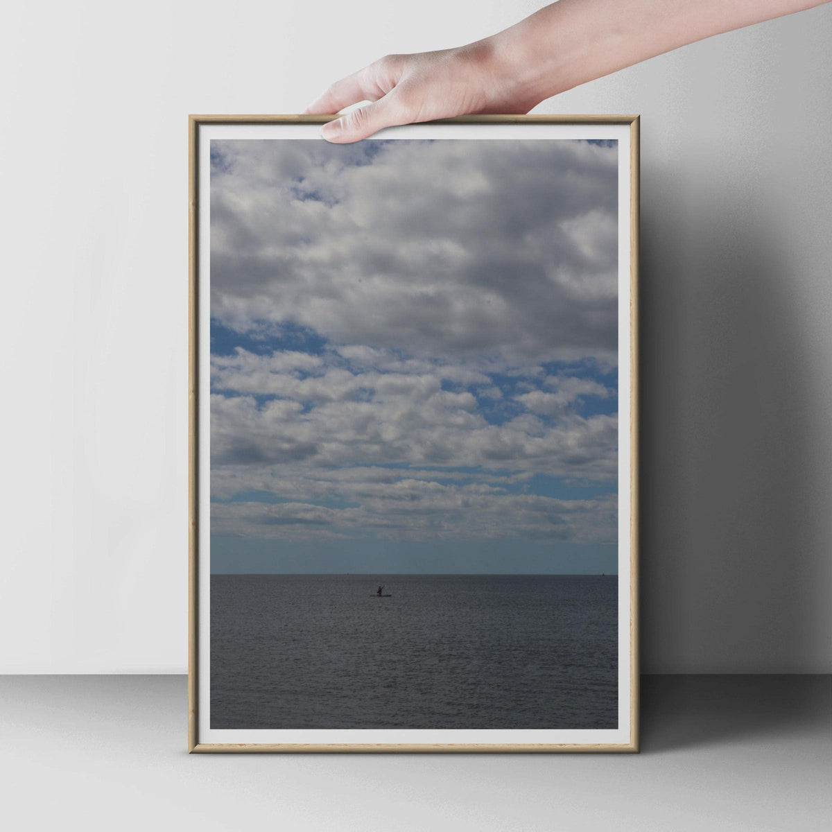 Lone Paddleboarder Sea Poster, Dramatic Cloudy Sky Seascape Print, Minimalist Ocean Wall Art, Blue Grey Coastal Photography Print