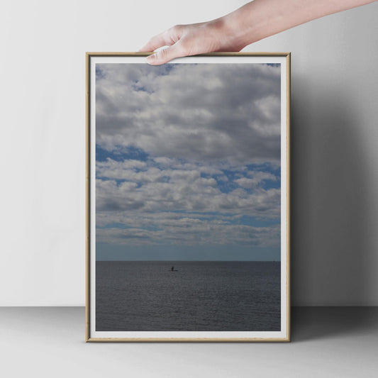 Lone Paddleboarder Sea Poster, Dramatic Cloudy Sky Seascape Print, Minimalist Ocean Wall Art, Blue Grey Coastal Photography Print
