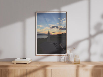 Coastal Sunset Obelisk Poster, Dramatic Sky Wall Art, Seaside Landmark Print, Golden Hour Coastal Photography, Dusk Seascape Wall Decor