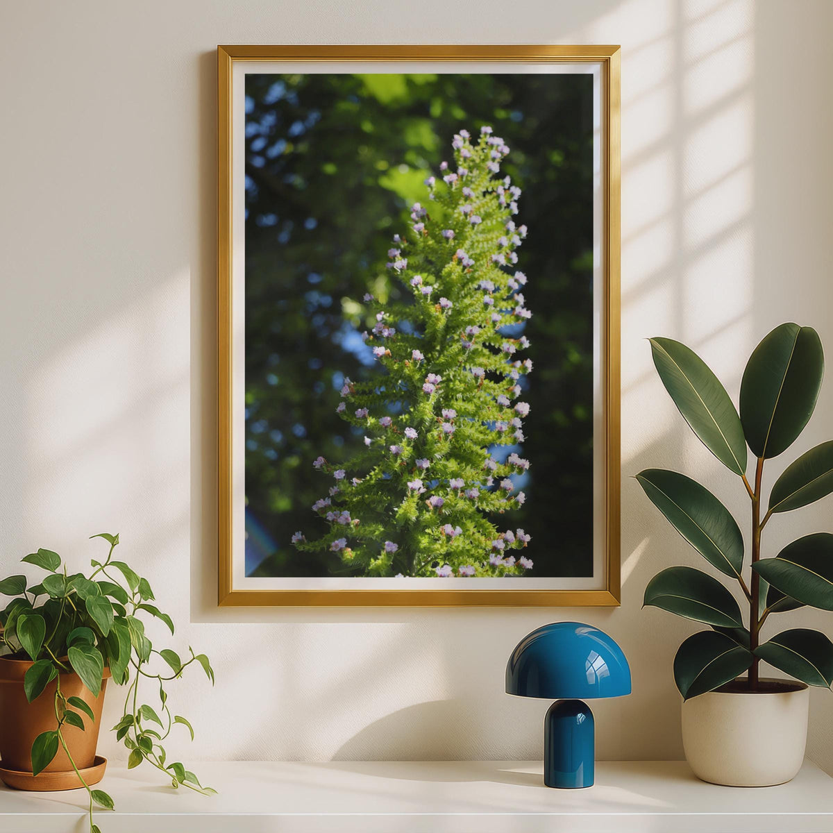 Flowering Botanical Spike Print, Green Plant Wall Art, Nature Photography Poster, Pink Blossom Garden Decor, Botanical Close Up Photo
