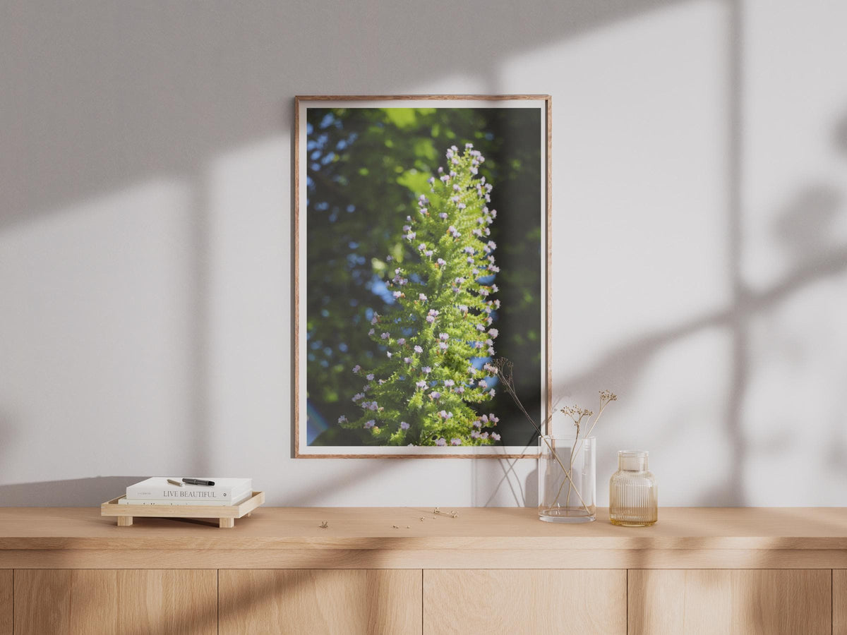 Flowering Botanical Spike Print, Green Plant Wall Art, Nature Photography Poster, Pink Blossom Garden Decor, Botanical Close Up Photo