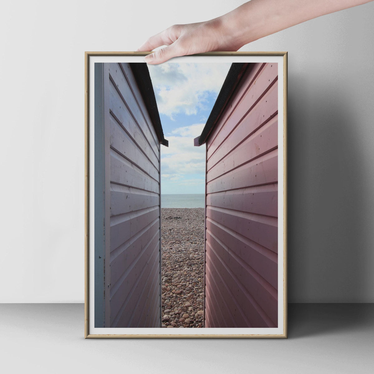 Beach Hut Photography Print, Pebble Beach Coastal Poster, British Seaside Wall Art, Pink Pastel Huts, UK Coast Photo Print