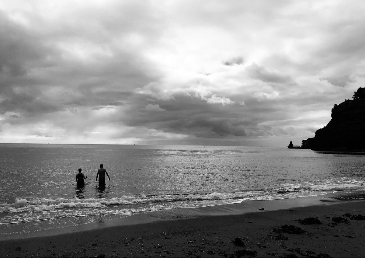 Let's Swim Art Print: Black and White Devon Beach Scene