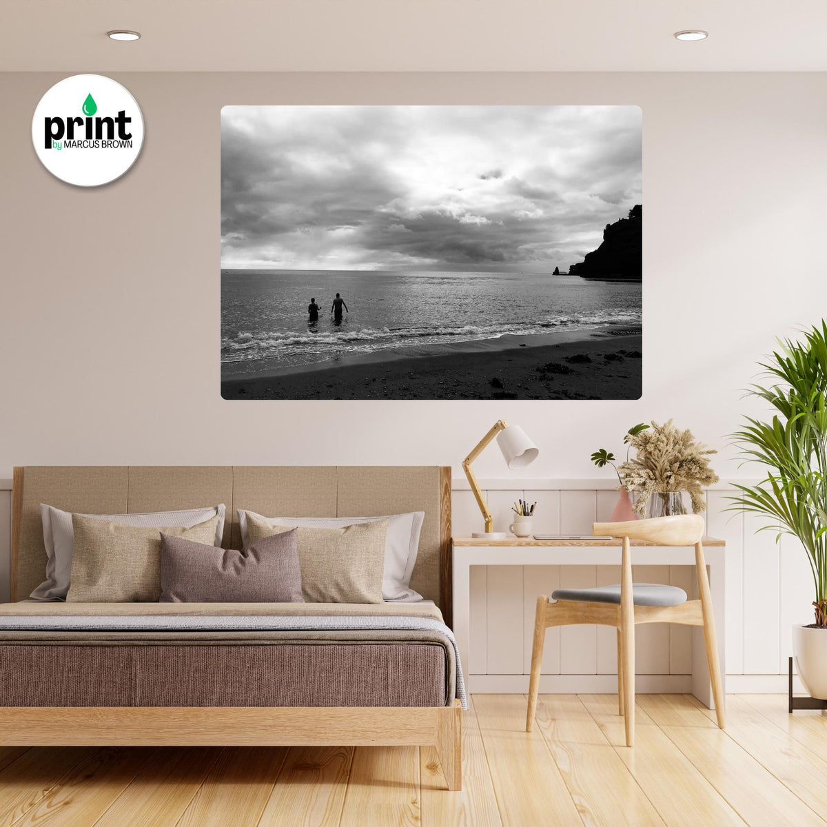 Let's Swim Art Print: Black and White Devon Beach Scene