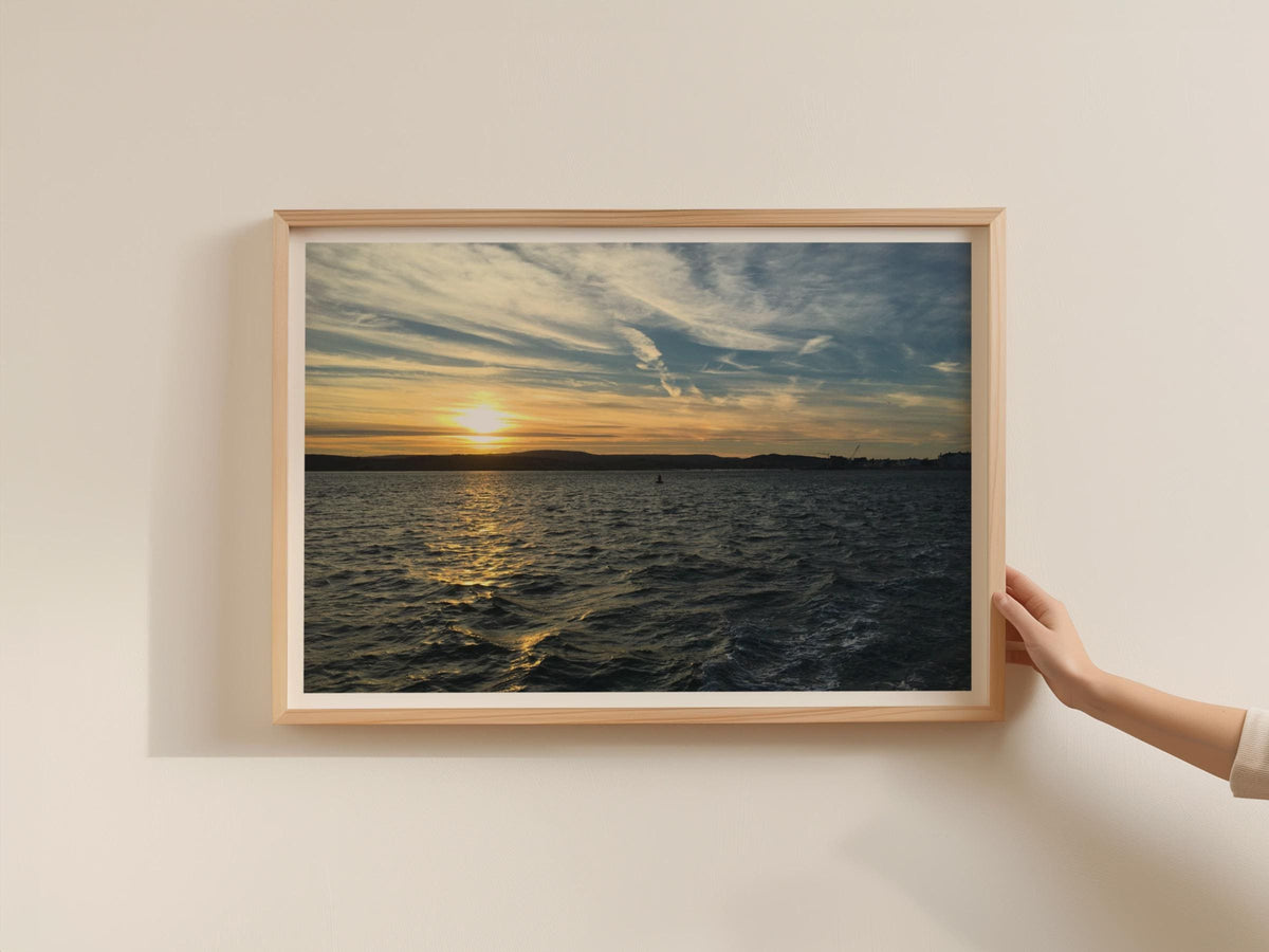 Coastal Sunset Seascape Poster, Golden Sky Ocean Framed-Print, Seaside Landscape Wall Art, Nautical Home Decor, Dramatic Dusk Photography