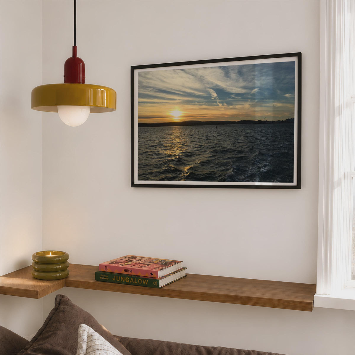 Coastal Sunset Seascape Poster mockup - Corner Bedroom Mockup - Landscape
