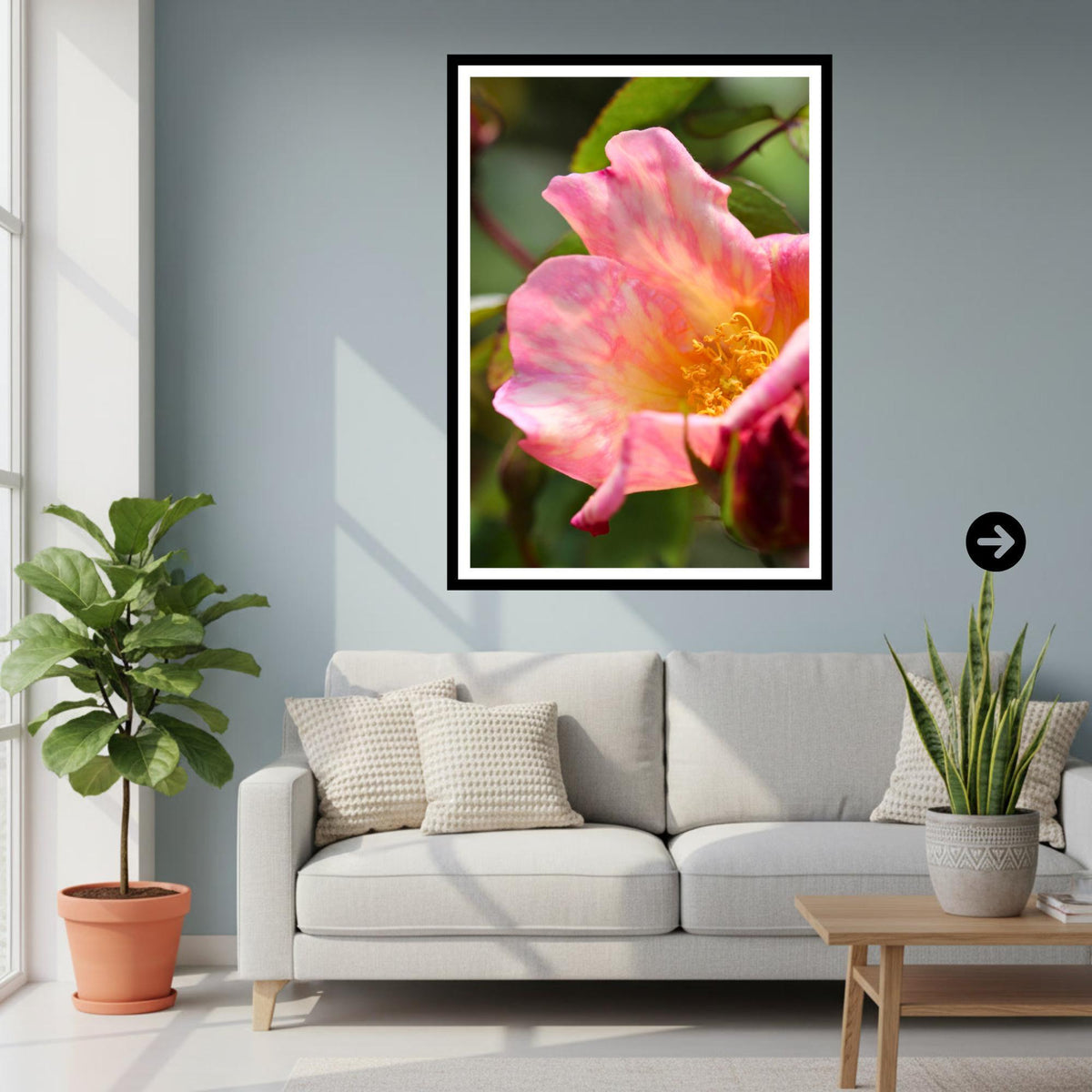 Pink Yellow Rose Print: Botanical Wall Art, Cottage Garden Floral Photography (Poster Print)