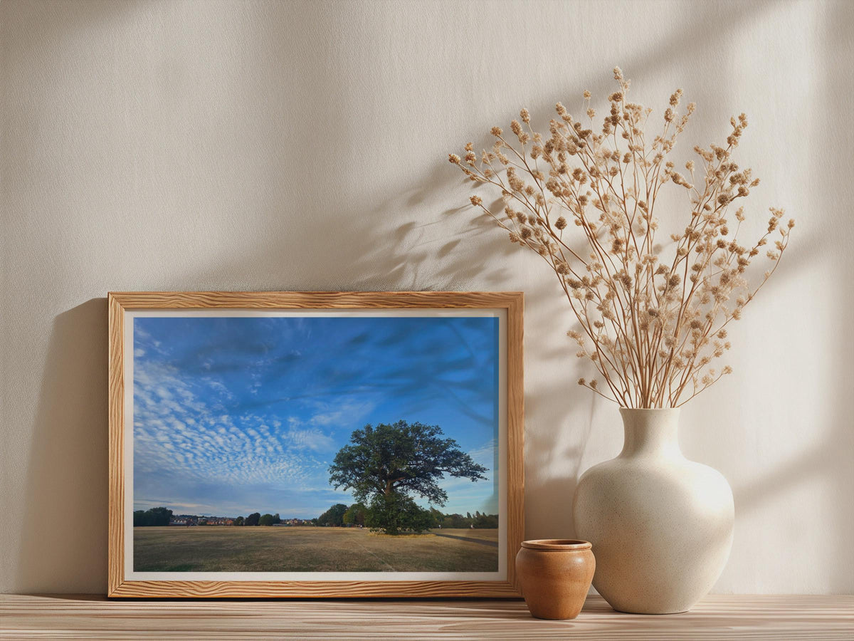 English Oak Tree Poster, Summer Park Landscape Framed-Print, Blue Sky Wall Art, British Countryside Nature Print, Golden Meadow Home Decor