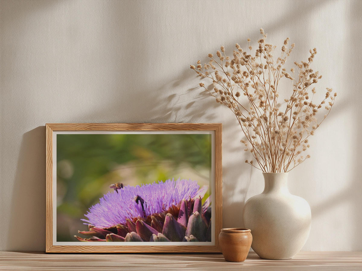 Artichoke Flower Bee Poster, Purple Botanical Framed-Print, Garden Wildlife Wall Art, Macro Nature Photography Print, Green Bokeh Decor