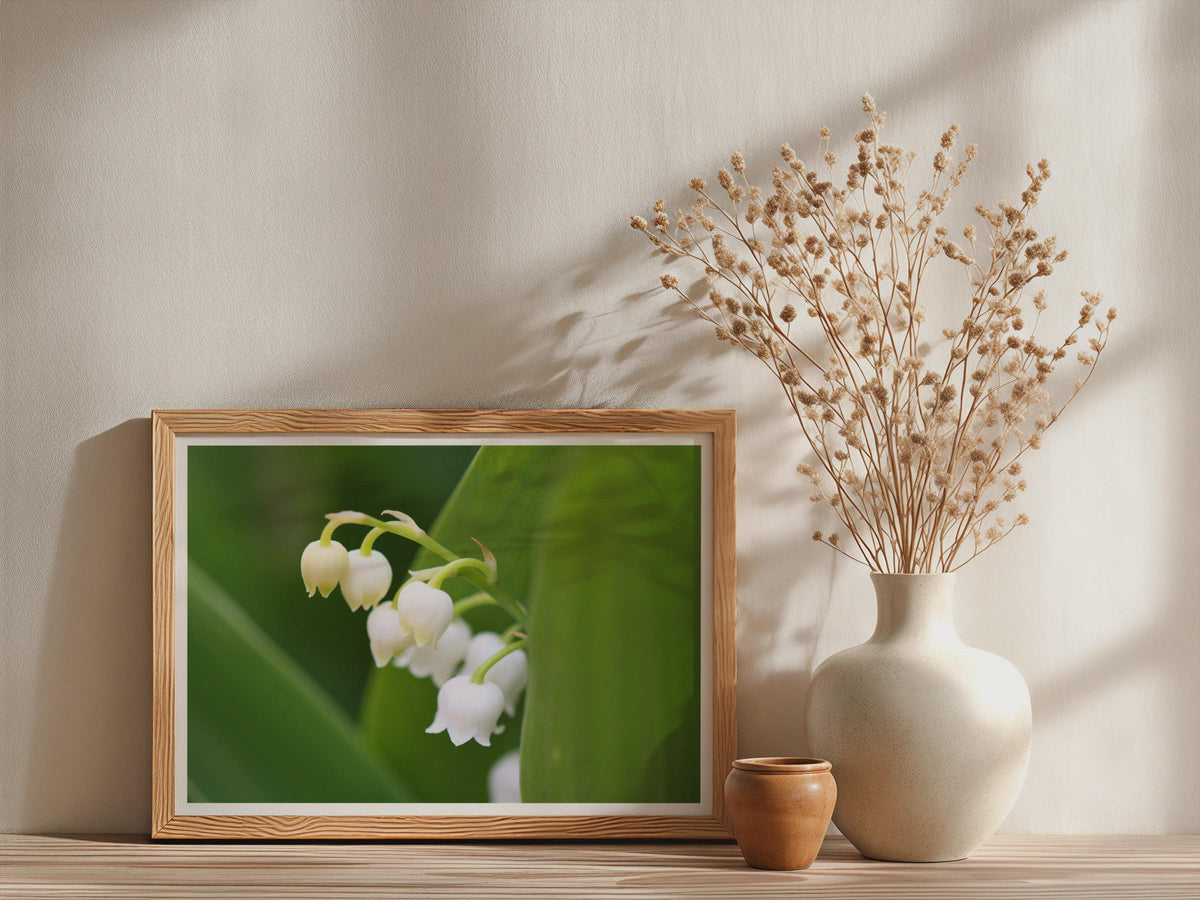 Lily of the Valley Poster, White Bell Flower Framed-Print, Botanical Wall Art, Spring Floral Photography, Green Nature Print for Home