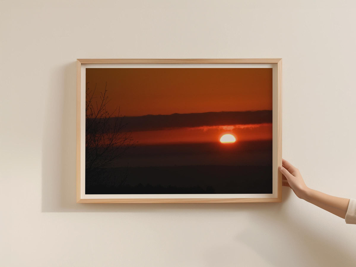 Fiery Sunset Landscape Poster, Red Orange Sky Wall Art, Silhouette Framed-Print, Dramatic Dusk Photography Print for Living Room Decor