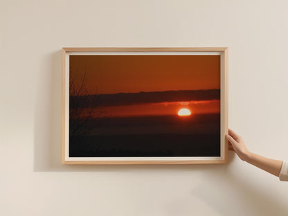 Fiery Sunset Landscape Poster, Red Orange Sky Wall Art, Silhouette Framed-Print, Dramatic Dusk Photography Print for Living Room Decor
