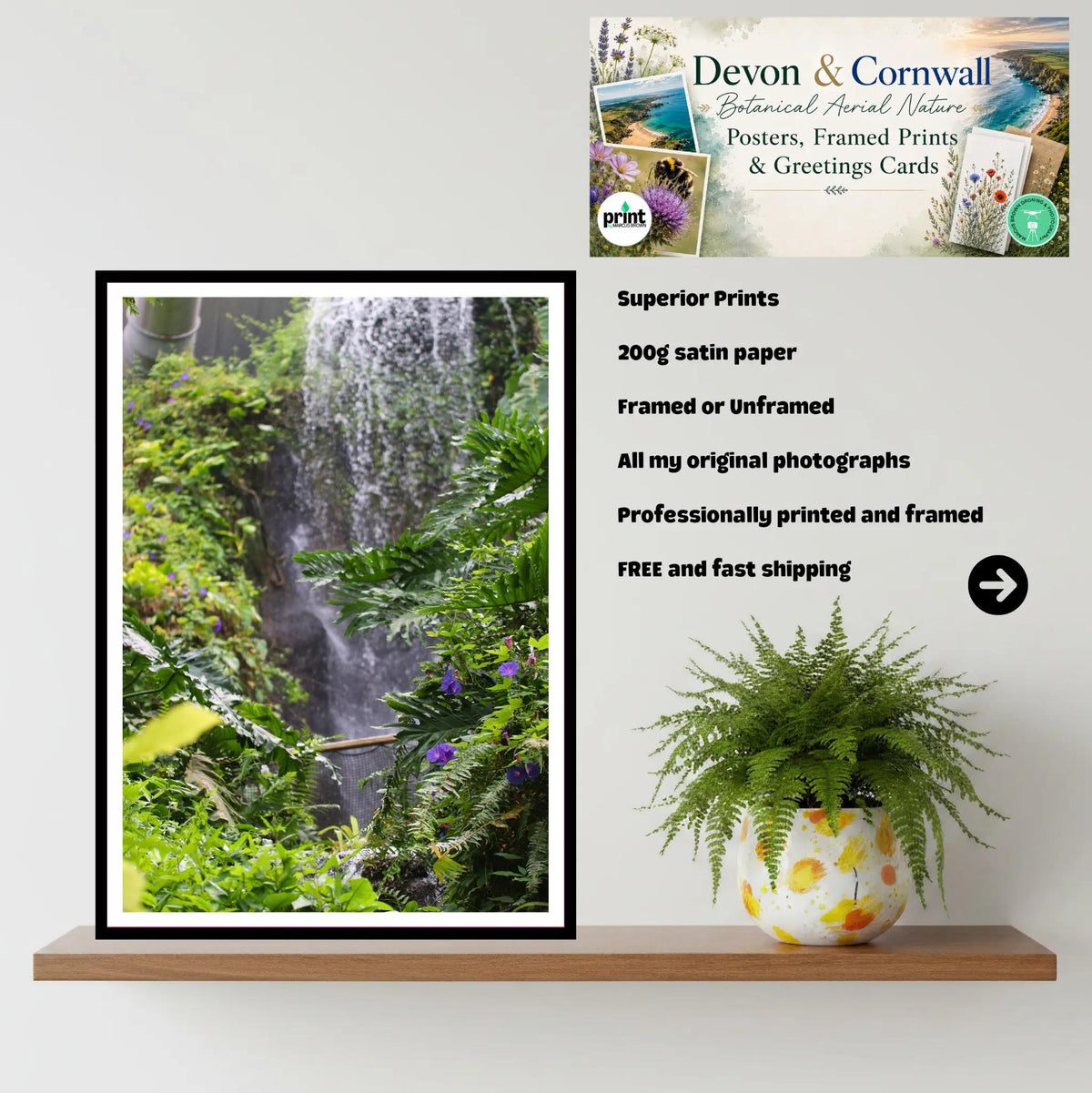 Lush Waterfall & Ferns — Eden Project Cornwall Wall Art Photography Print