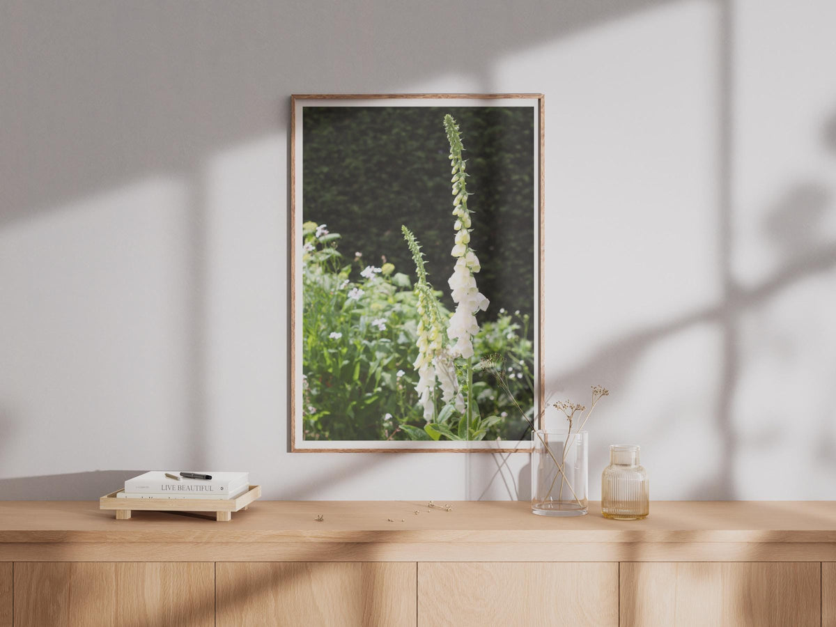 White Foxglove Flower Poster, Cottage Garden Wall Art, Botanical Photography Print, Digitalis Floral Home Decor, Green Nature Photo