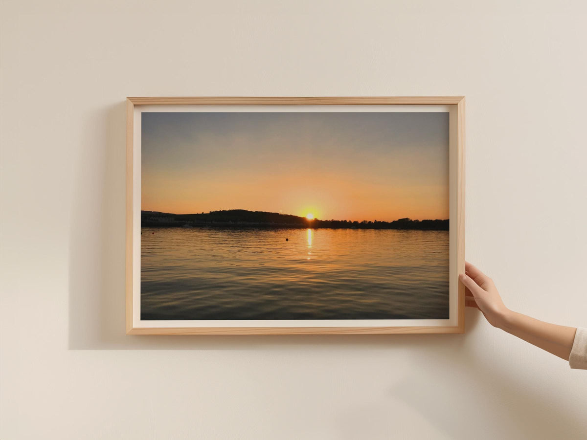 Sunset Over Water Landscape Poster, Coastal Estuary Framed-Print, Orange Sky Reflection, Dawn and Dusk Wall Art, Nautical Seascape Print