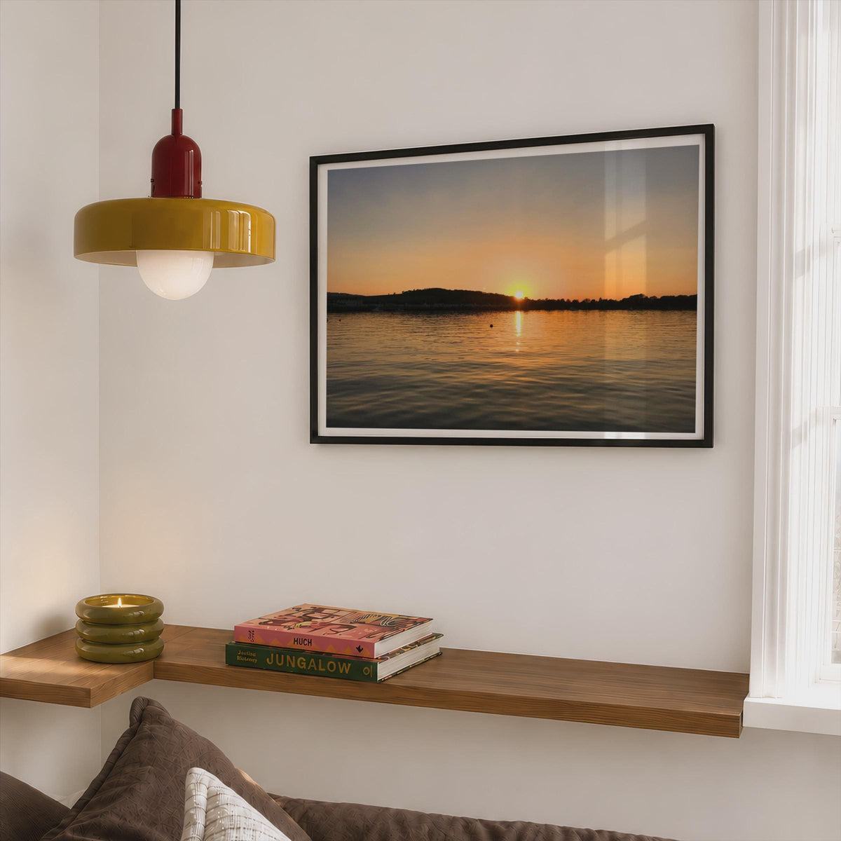 Sunset Over Water Landscape Poster mockup - Corner Bedroom Mockup - Landscape