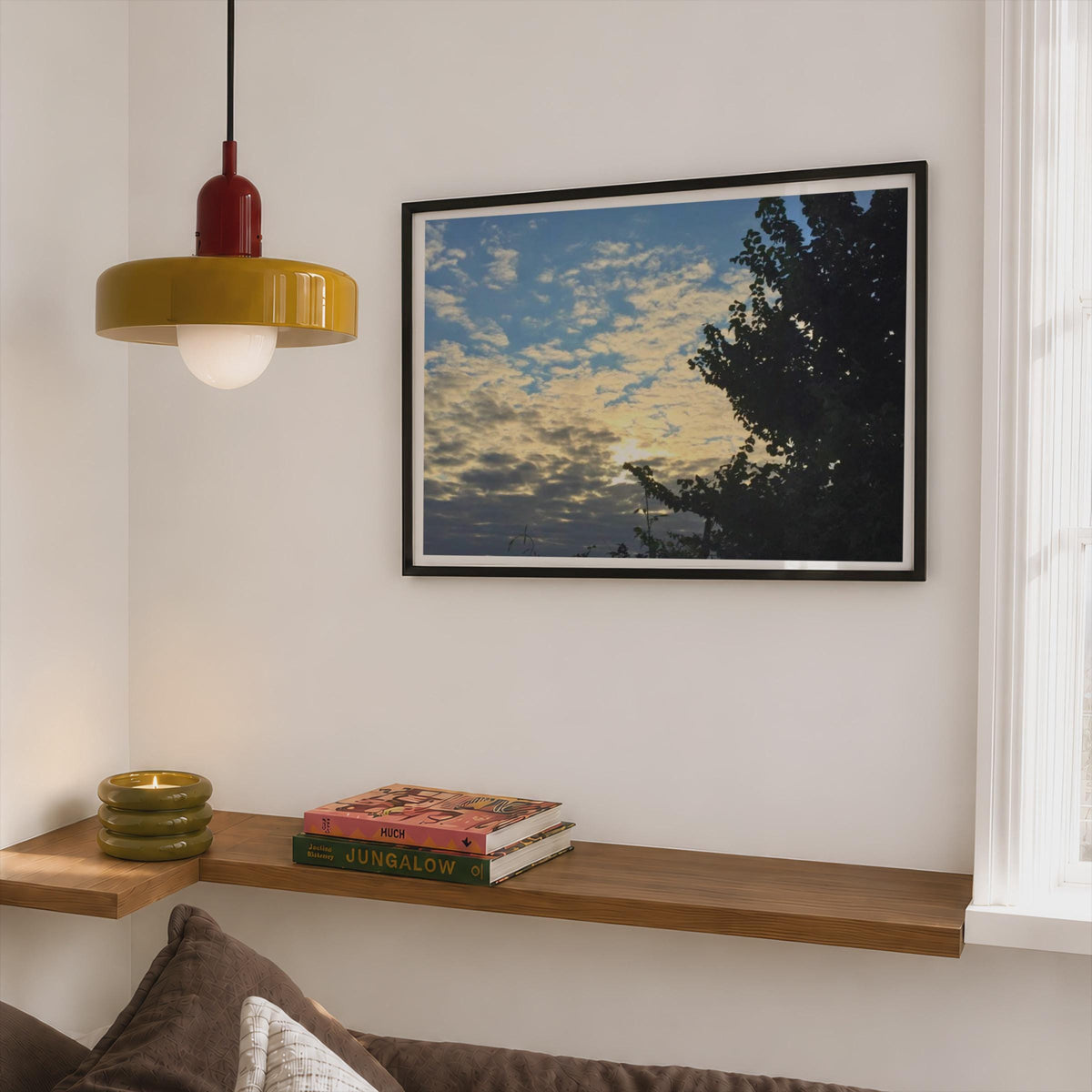Sunset Sky Tree Silhouette Poster, Dramatic CloudScape Framed-Print, Blue Golden Sky Wall Art, Nature Photography Print for Living Room