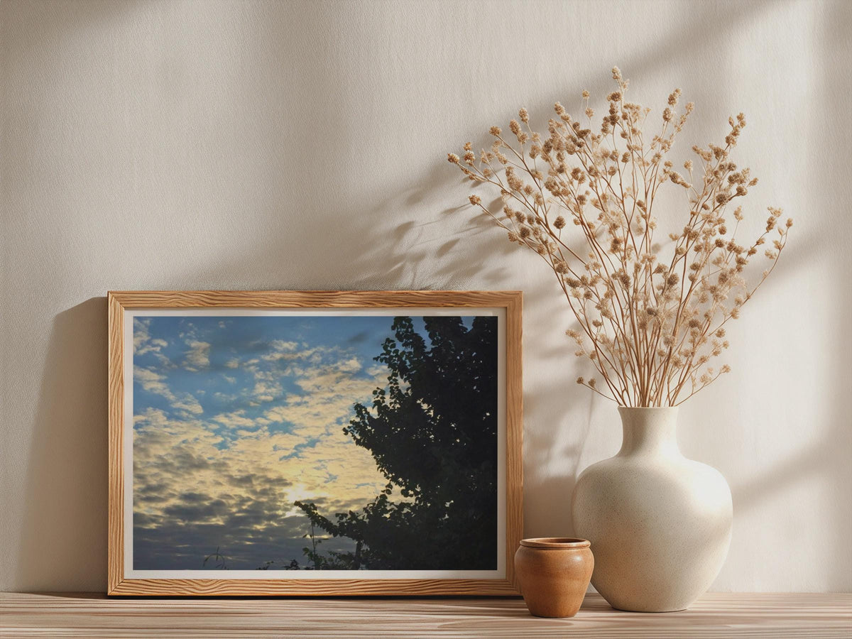Sunset Sky Tree Silhouette Poster, Dramatic CloudScape Framed-Print, Blue Golden Sky Wall Art, Nature Photography Print for Living Room