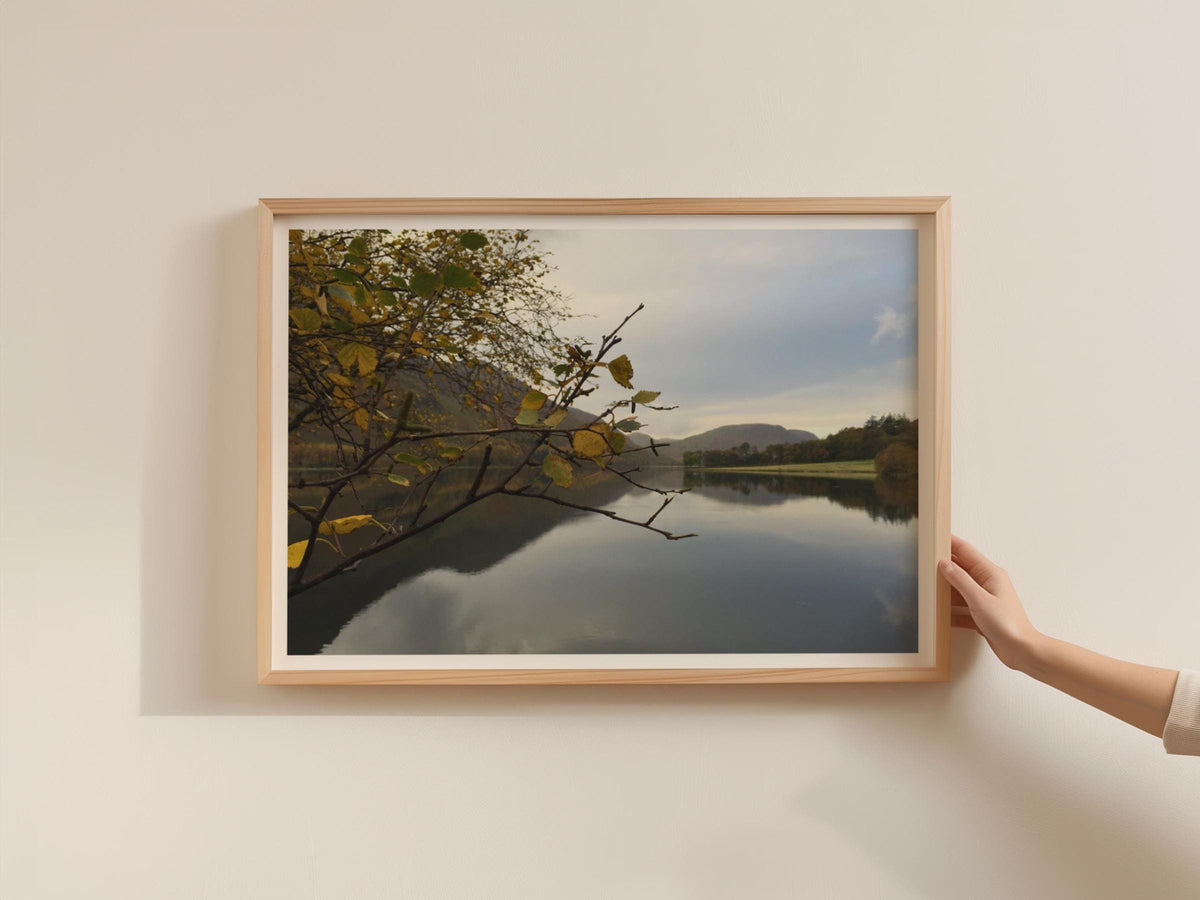 Autumn Lake Landscape Poster, Trees Reflection Wall Art, Lake District Framed-Print, Moody Nature Photography Print