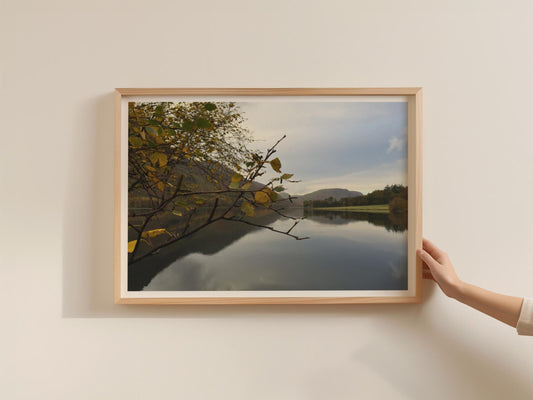 Autumn Lake Landscape Poster, Trees Reflection Wall Art, Lake District Framed-Print, Moody Nature Photography Print