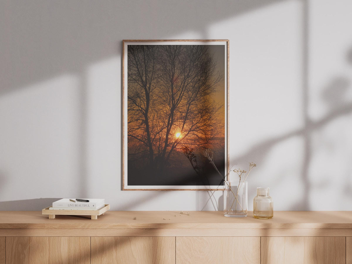 Sunset Tree Silhouette Poster, Orange Sky Nature Photography Print, Dawn Dusk Wall Art, Bare Winter Tree Photo Print for Living Room