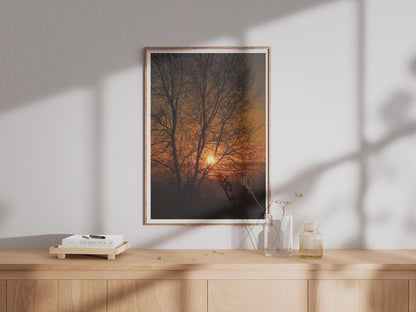 Sunset Tree Silhouette Poster, Orange Sky Nature Photography Print, Dawn Dusk Wall Art, Bare Winter Tree Photo Print for Living Room