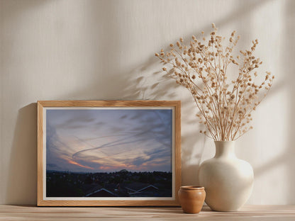 Dramatic Sunset Sky Poster, Contrail Clouds Over English Town, Dusk Photography Framed-Print, Moody Purple Orange Wall Art
